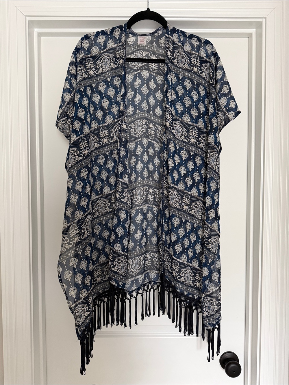 Navy Blue Paisley Fringe Kimono
